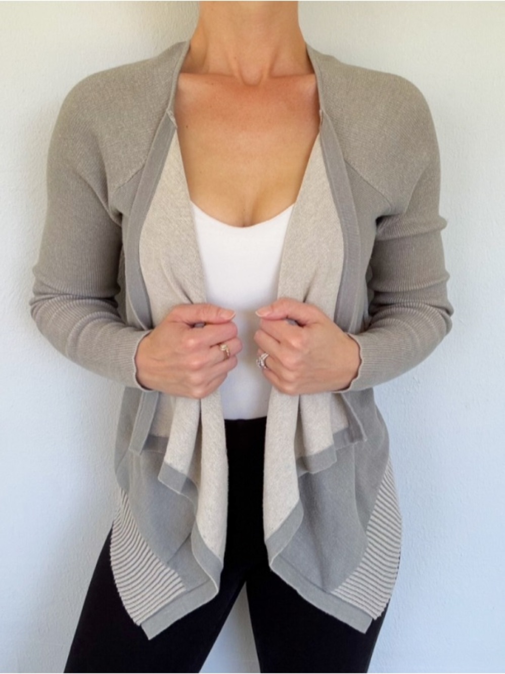 CAbi sage green and beige cotton draped front waterfall cardigan sweater size XS